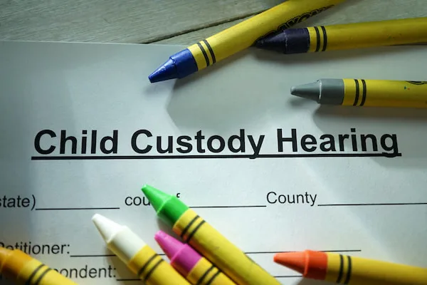 Child custody hearing form on a table scattered with yellow crayons